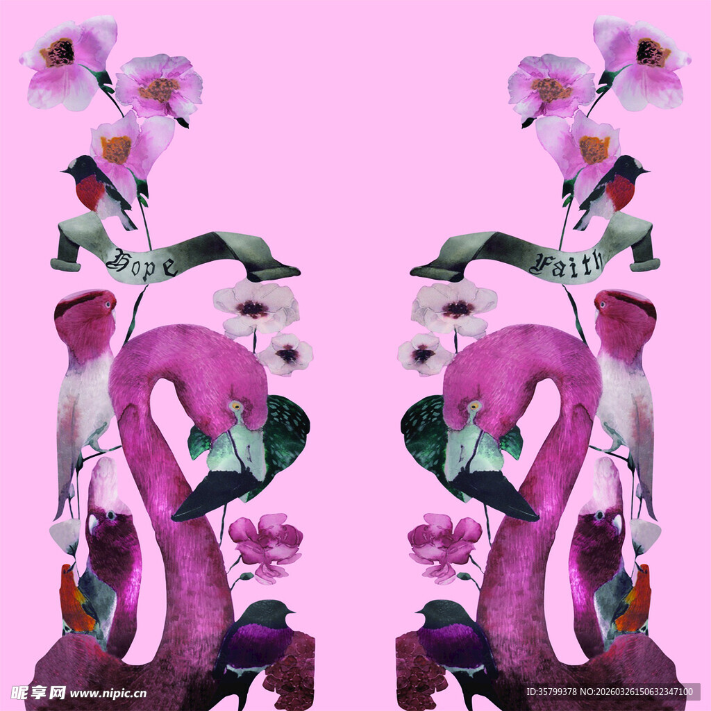 粉色背景双天鹅花卉装饰图