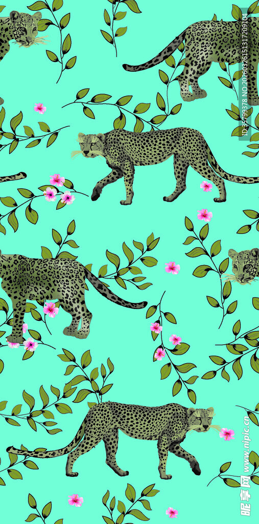 蓝底豹与花卉图案设计