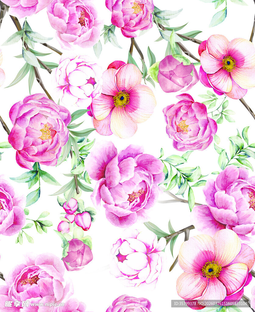 粉色花卉水彩无缝图案