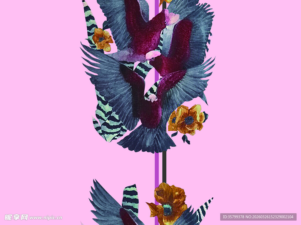 飞鸟与绚丽花卉