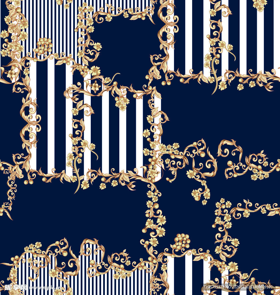 蓝底金白条纹奢华花纹图案