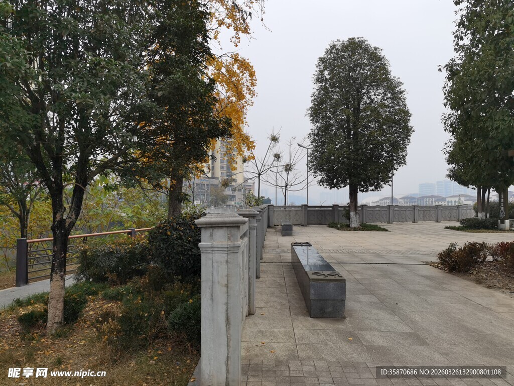 公园中的雕塑与树木景观