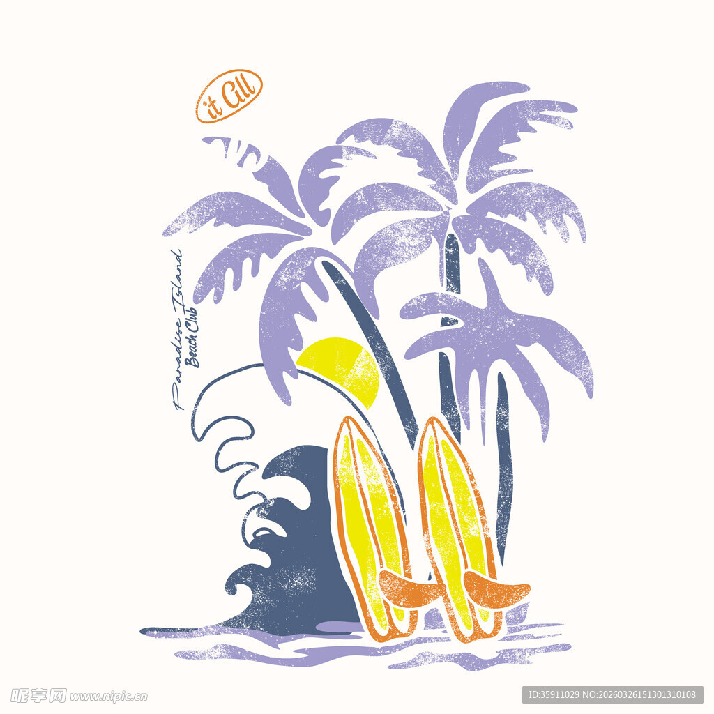 夏日海滩冲浪场景插画