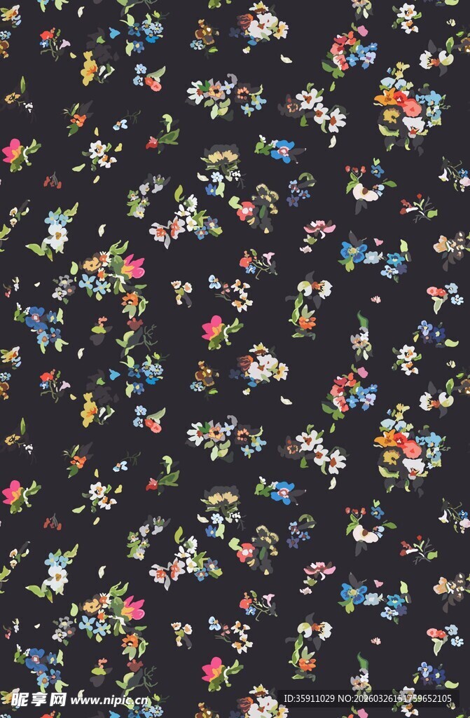 黑色底多彩碎花布料图案