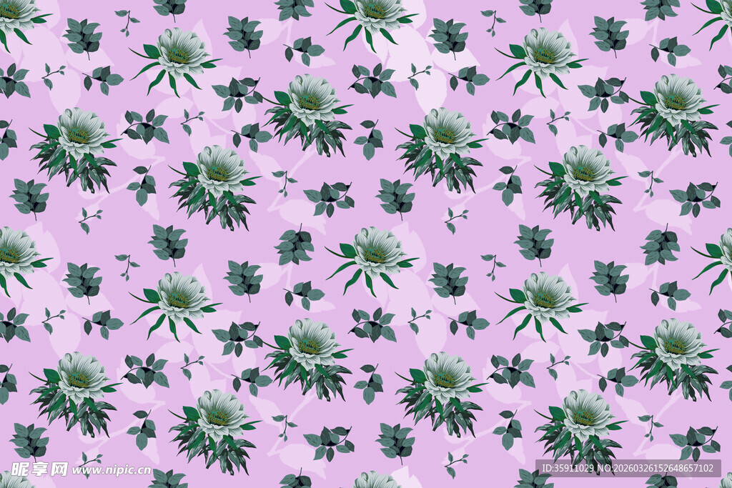 紫色底绿叶花卉图案