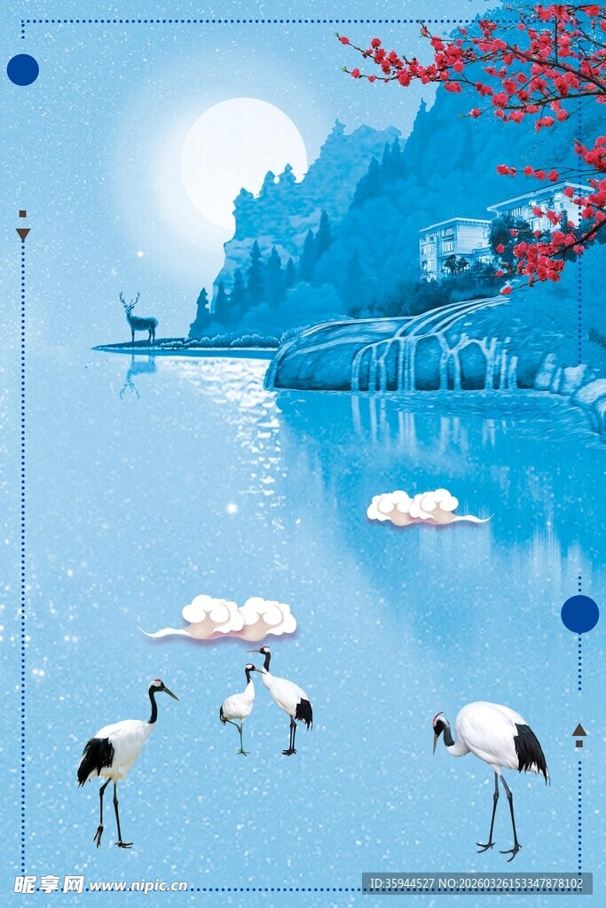 湖畔仙鹤伴山水美景