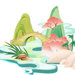 中式山水桥梁风景插画