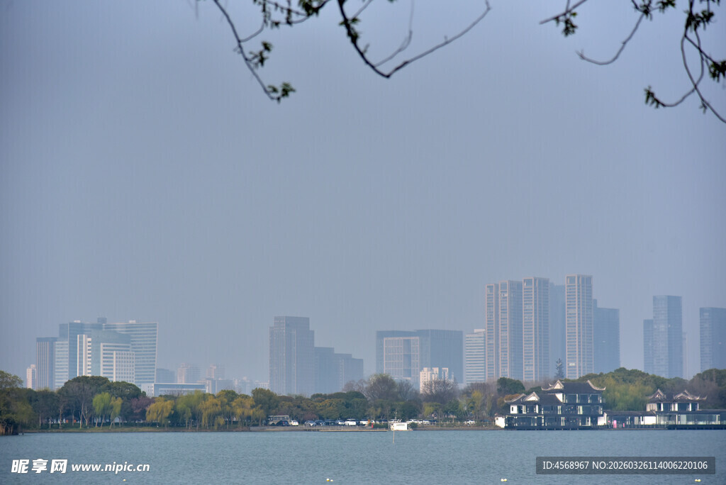 湖畔远景中的城市建筑群
