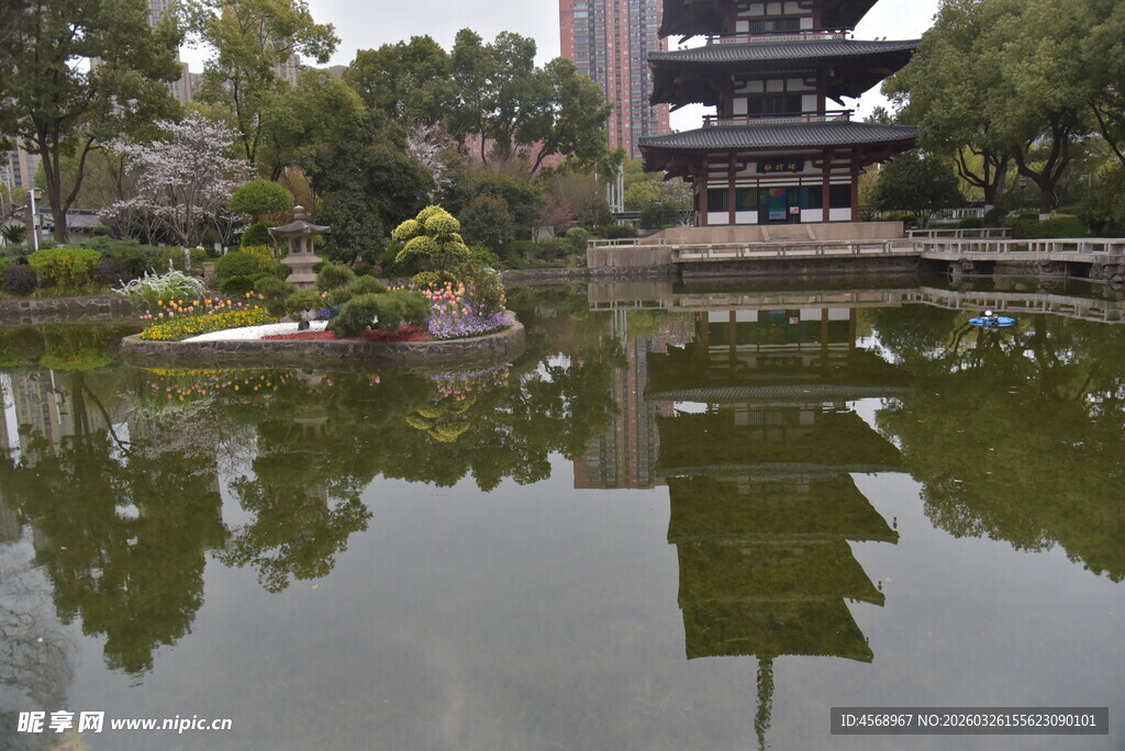 中式园林池塘景观倒影