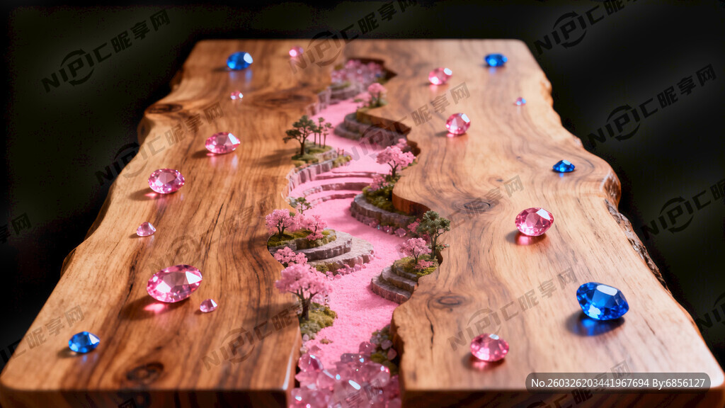 原木茶桌 桌中间有粉色微景观