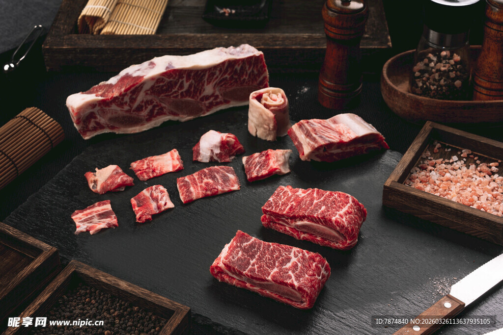 新鲜生牛肉及切块展示