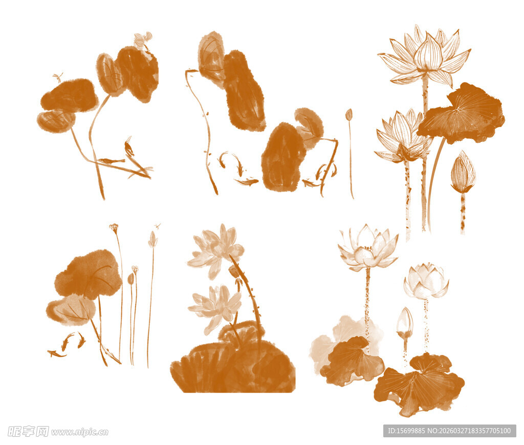 中式水墨风荷花元素集合