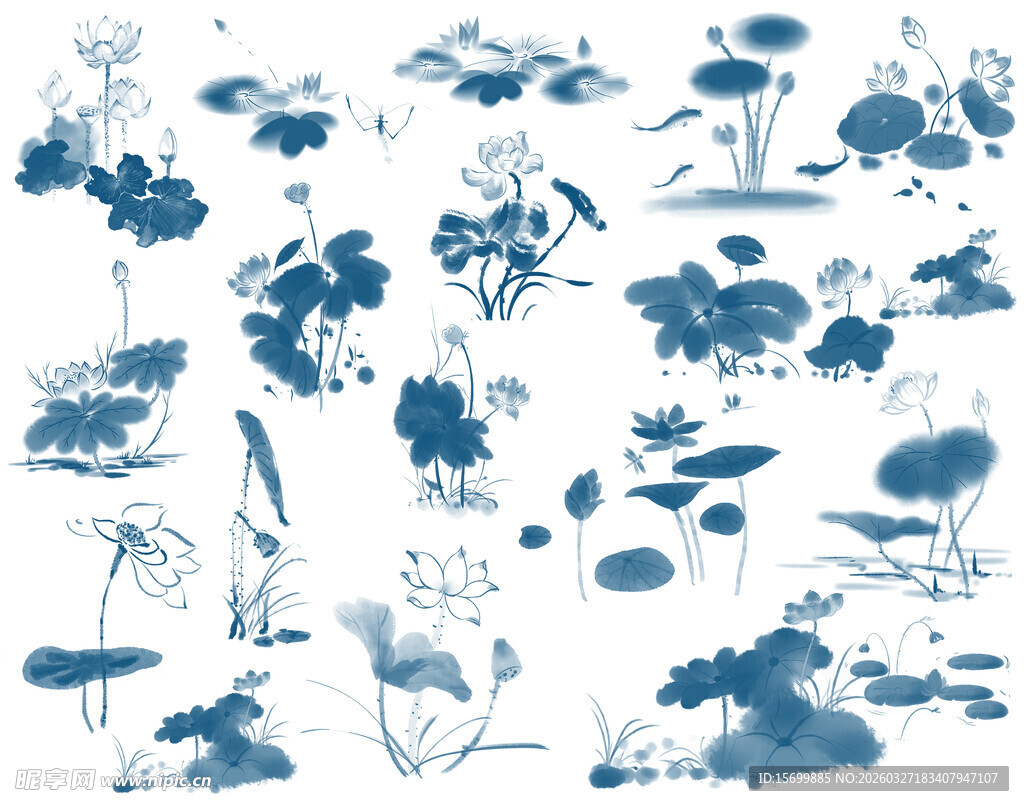 蓝白水墨风花卉植物图案