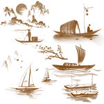 中式古风船只山水图景