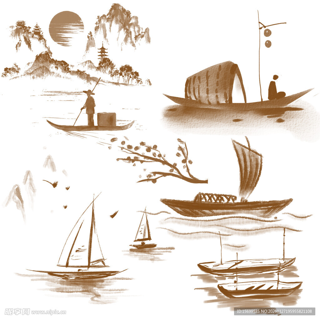 中式古风船只山水图景