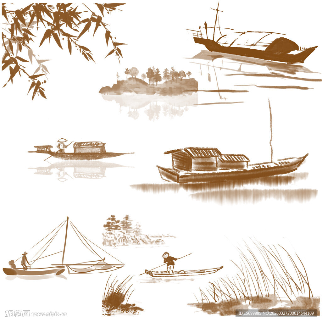 水墨风江上船只景致图