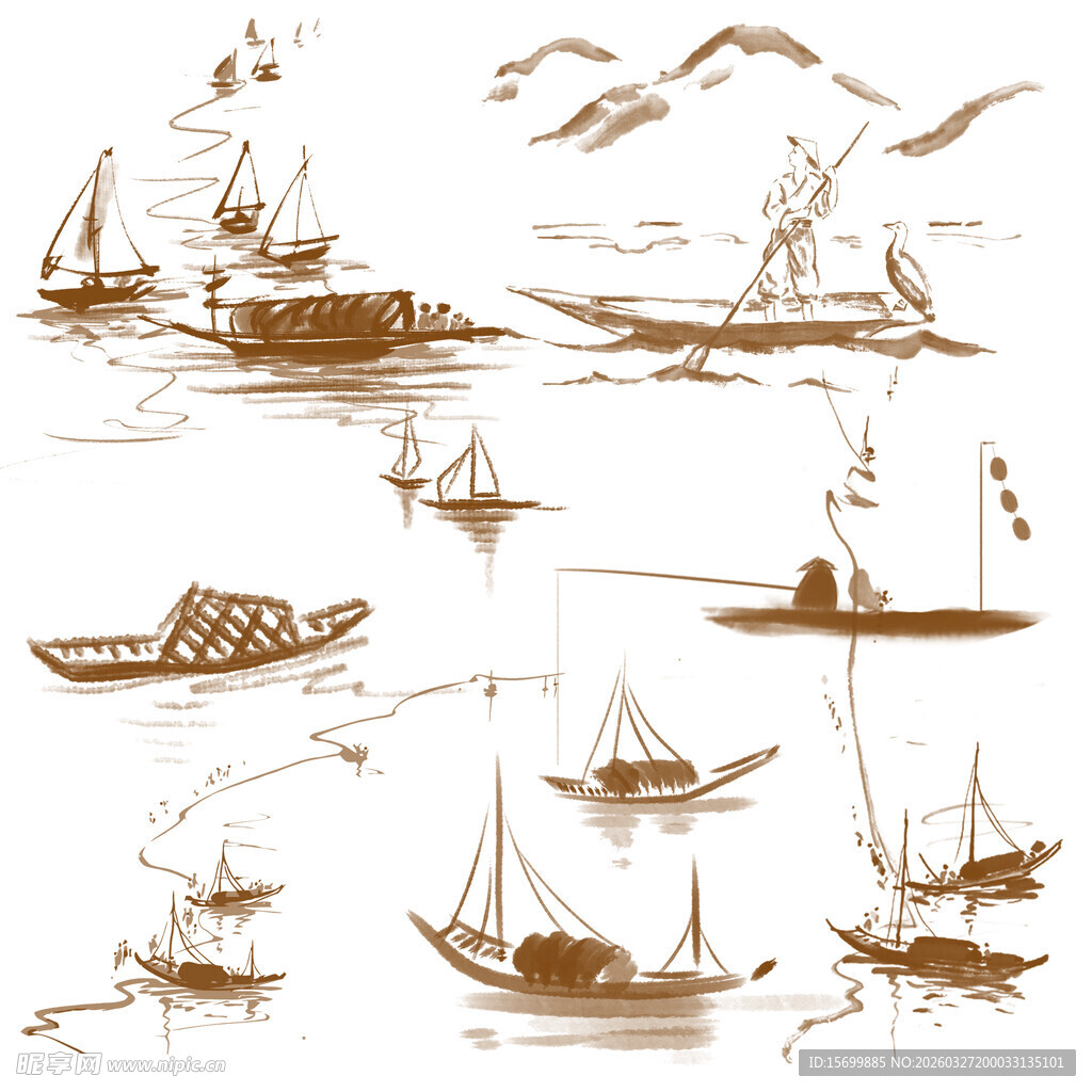 水墨风船只海上航行图景