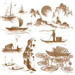 中式山水舟船古风插画