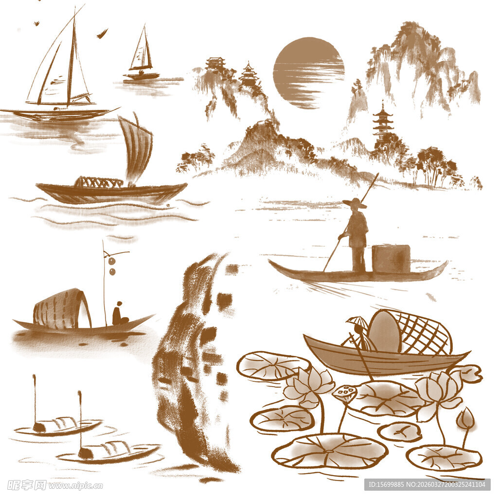 中式山水舟船古风插画