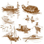 水墨风古船与舟上人物图