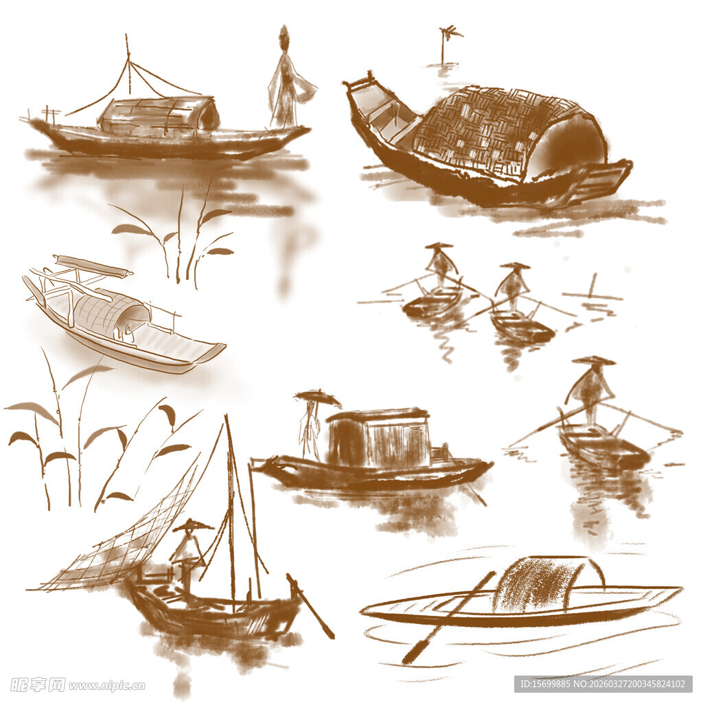 水墨风古船与舟上人物图