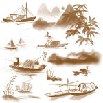 中式水墨风船只山水插画