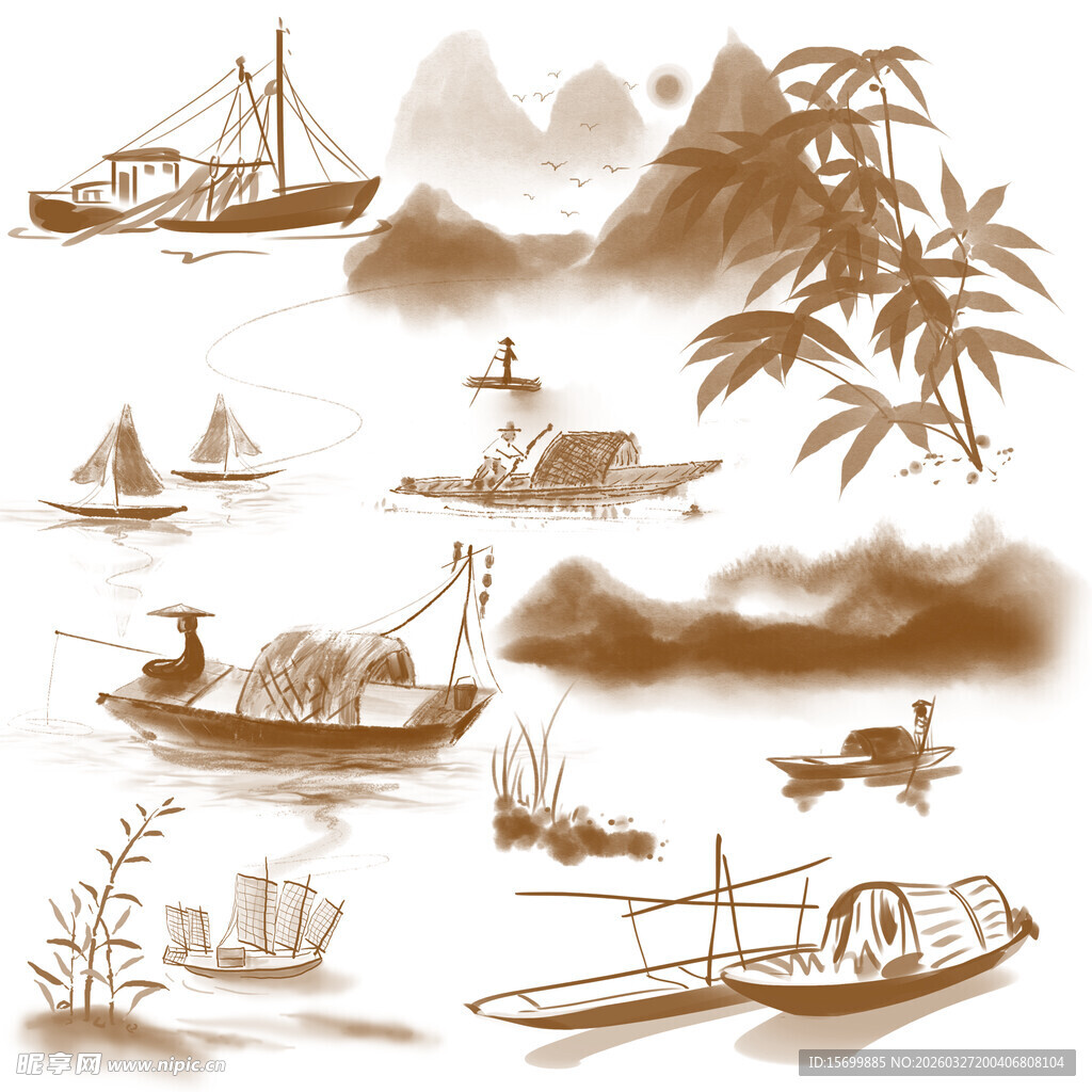 中式水墨风船只山水插画