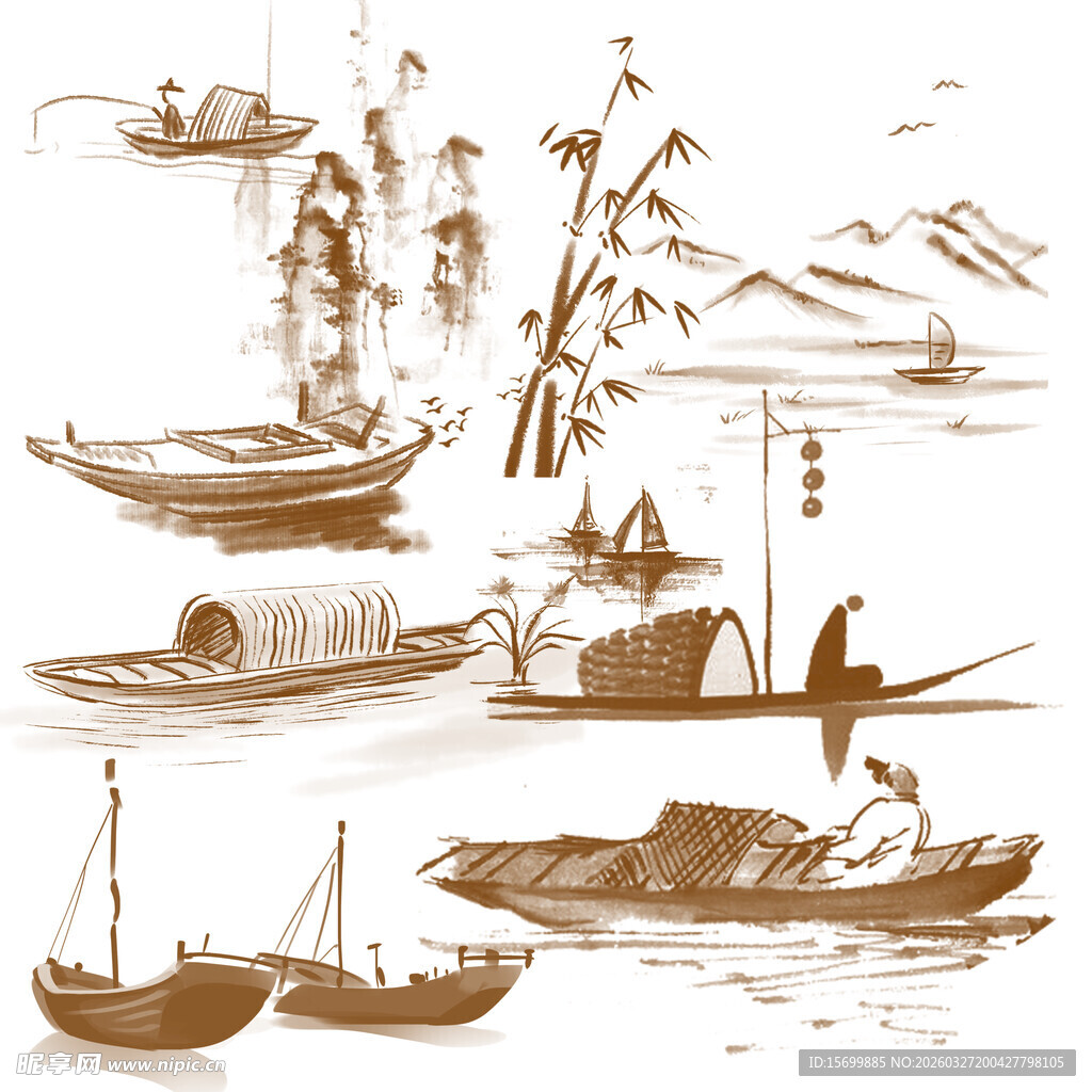 水墨江南水乡船只景致