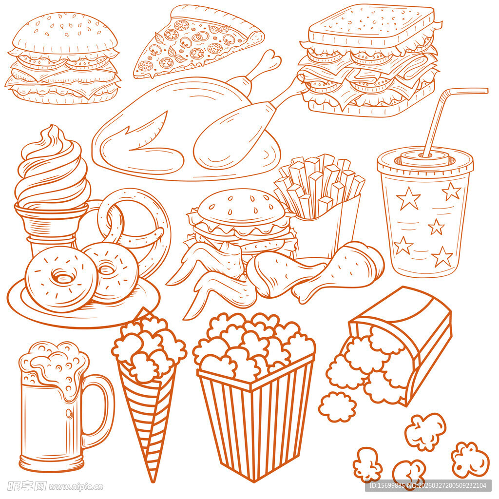 多样美味快餐食品集合