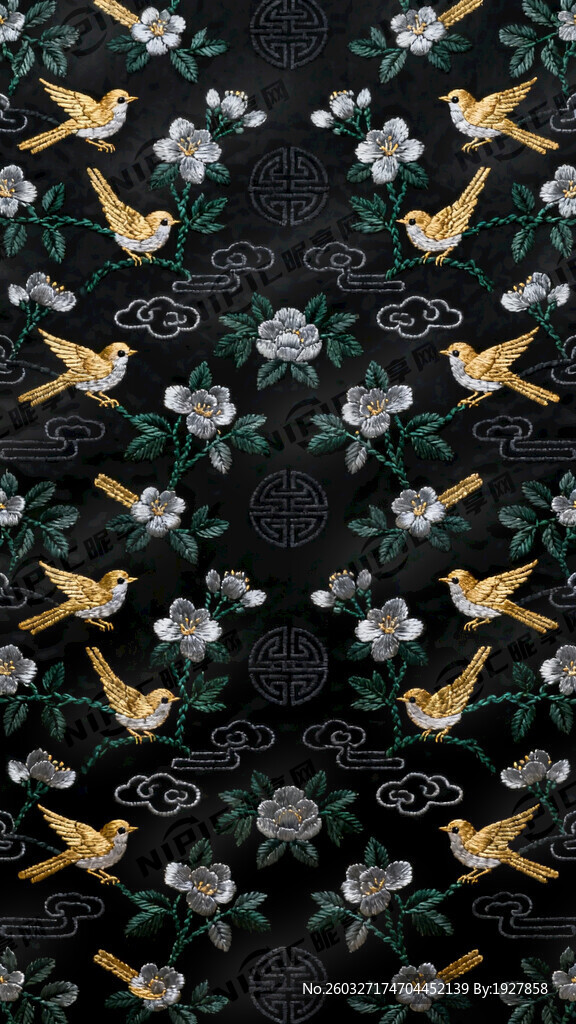 黑色底色复古中式花鸟图