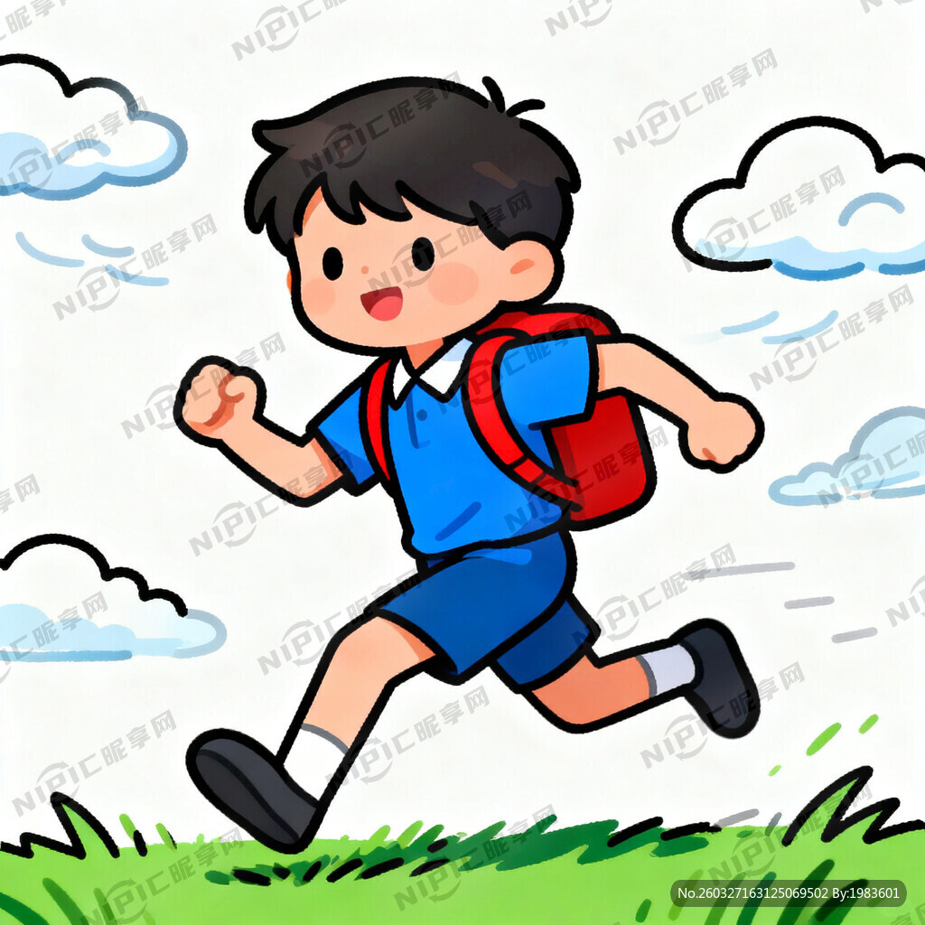 小男孩背书包奔跑的卡通图片