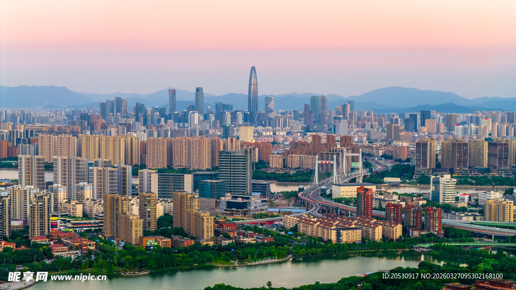 航拍宁波东新城宁波中心庆丰桥