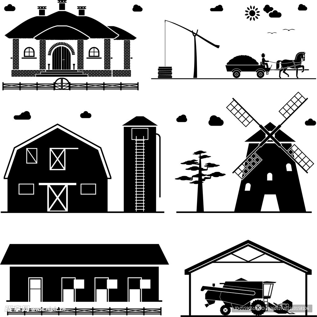 乡村建筑与农机剪影