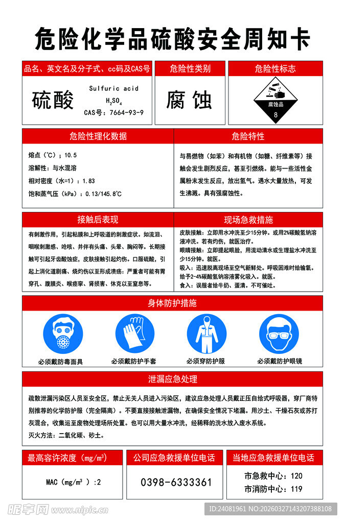 危险化学品硫酸安全周知卡