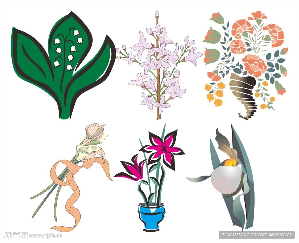 多彩花卉与鸟类插画素材