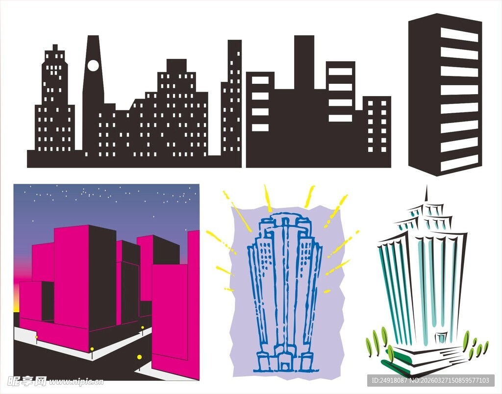 多样建筑风格剪影图案