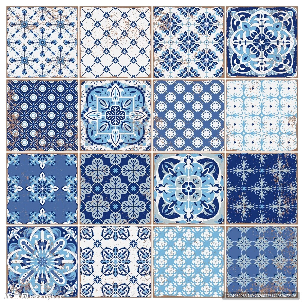 蓝白花纹瓷砖图案集合