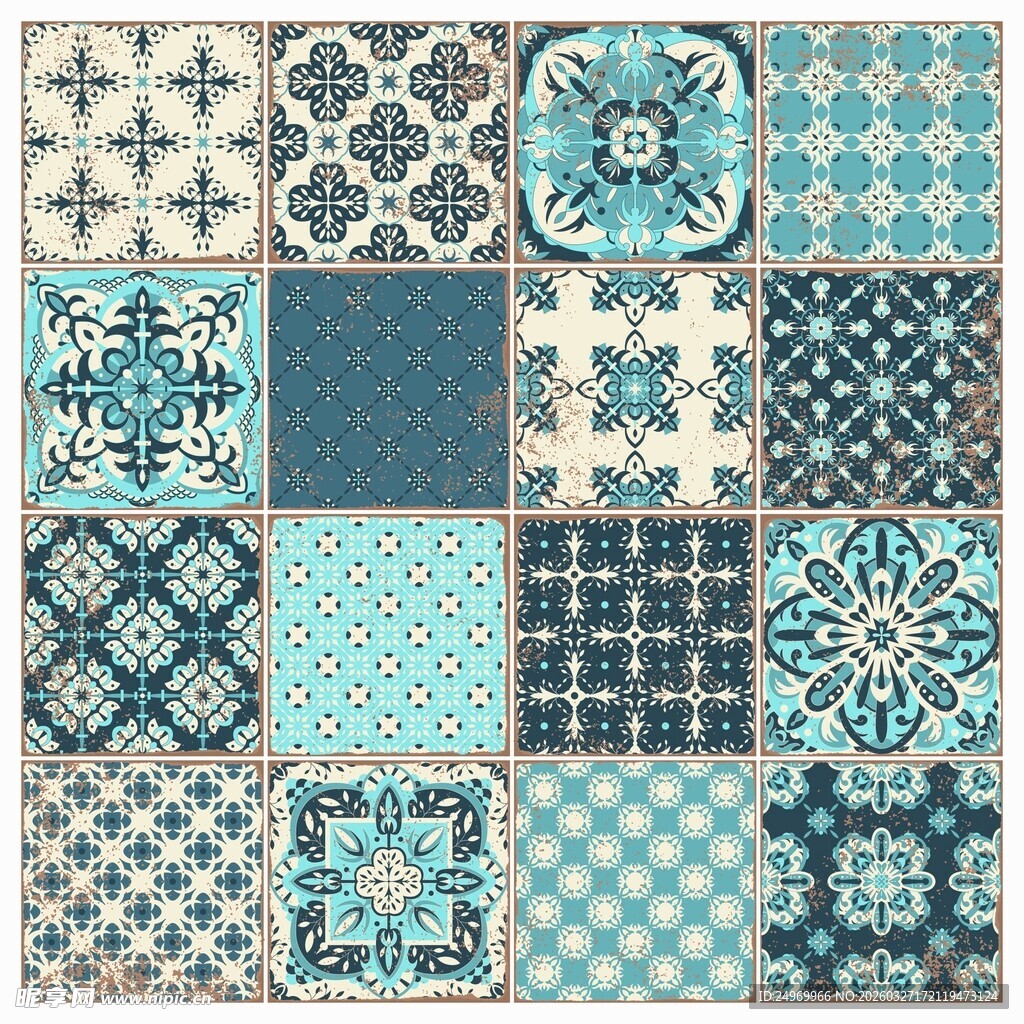 蓝白复古风瓷砖图案集合