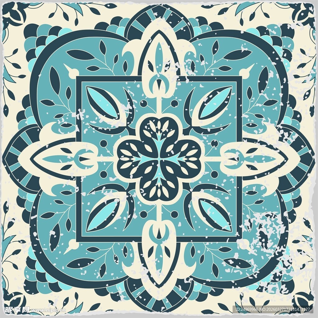 蓝白复古风几何花纹图案