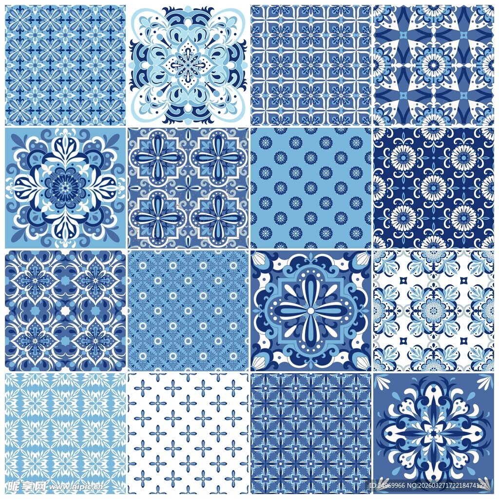 蓝白几何花纹瓷砖图案集