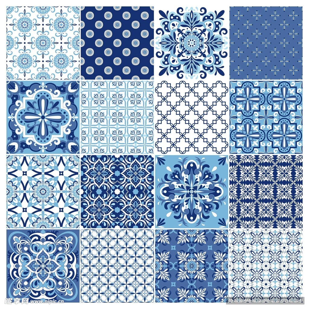 蓝白几何花纹瓷砖图案集