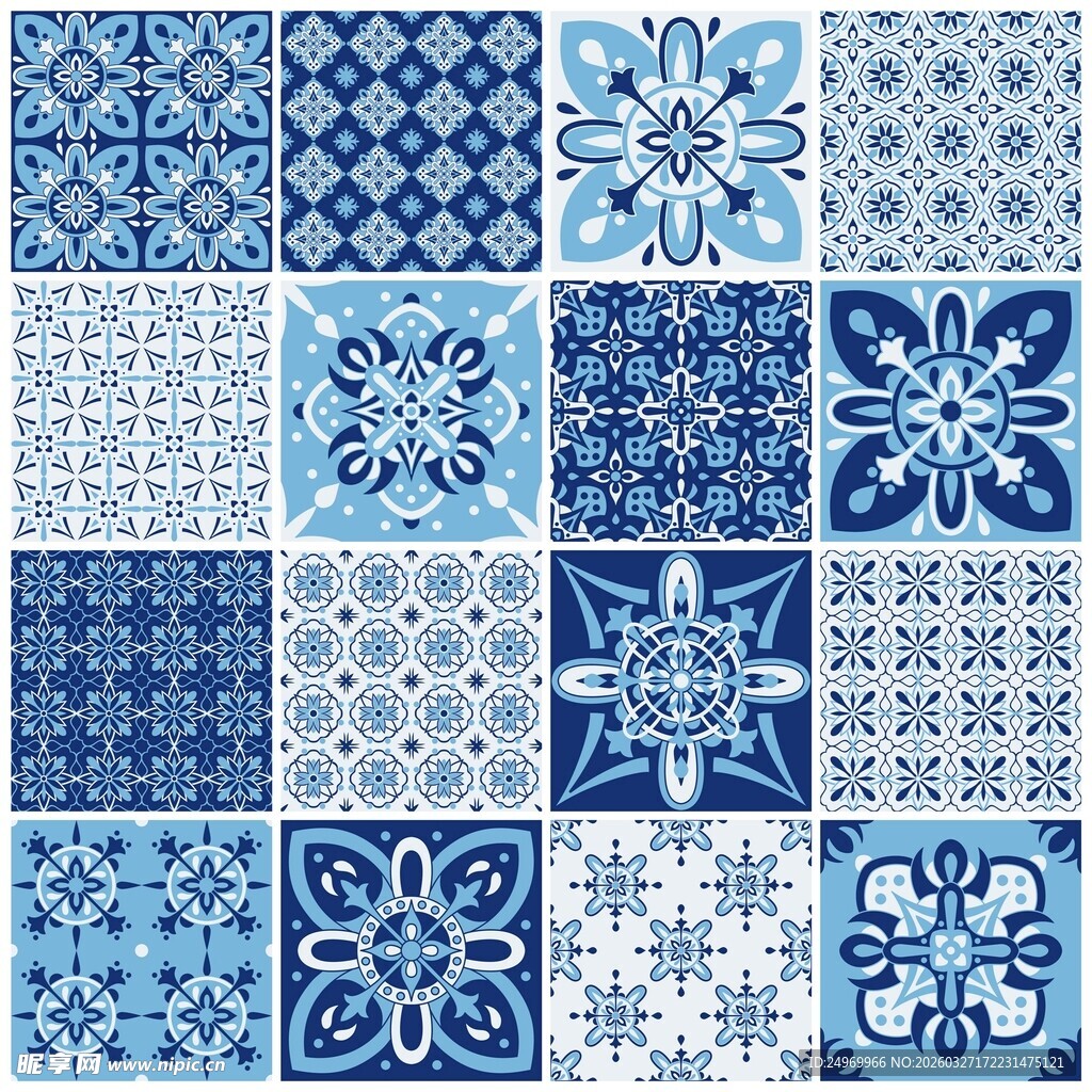 蓝白花纹瓷砖图案集合