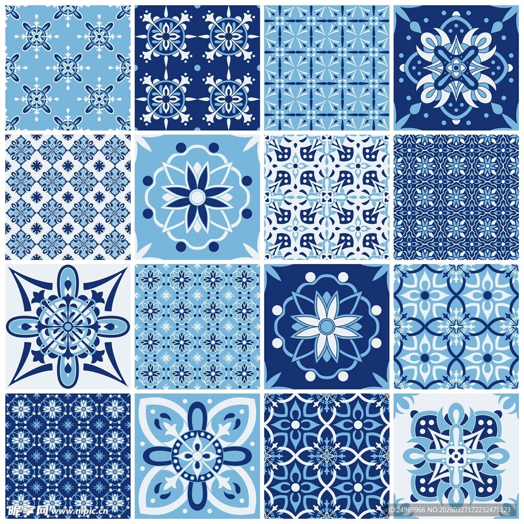 蓝白雪花几何图案集合