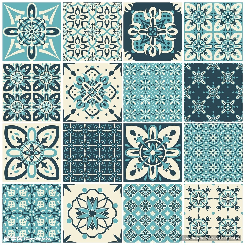 蓝绿色几何花纹图案集合