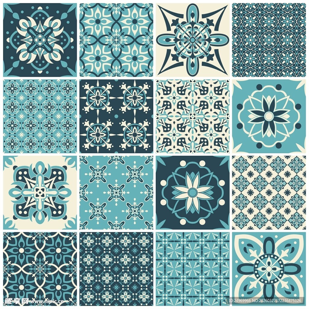 蓝白几何花纹瓷砖图案集
