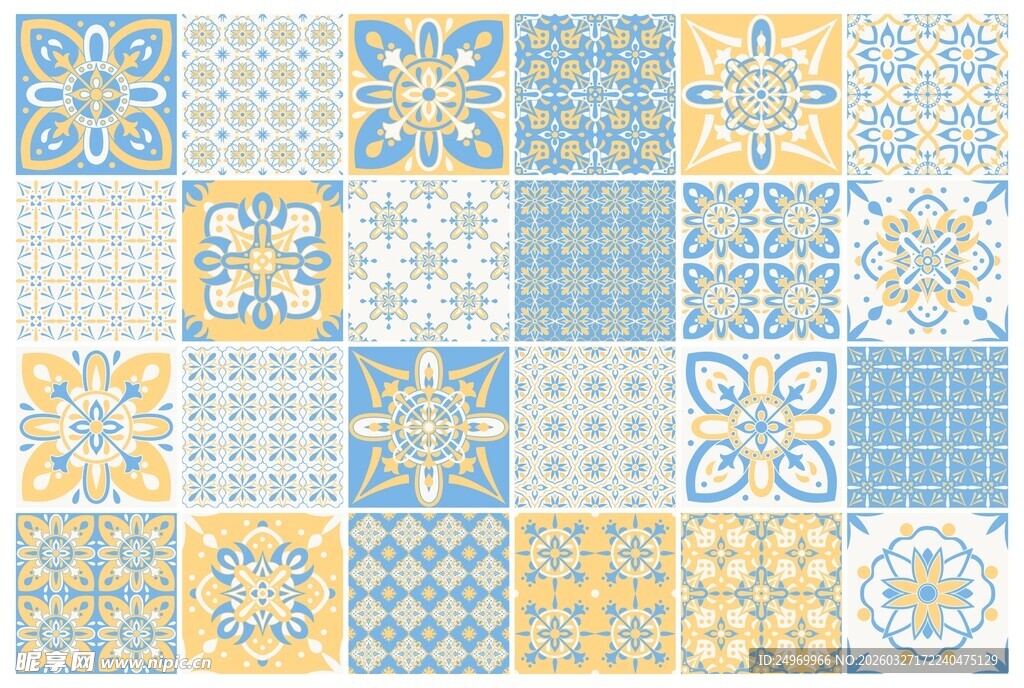 蓝黄拼贴几何花纹瓷砖图案