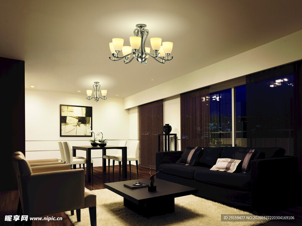 现代温馨客厅室内夜景