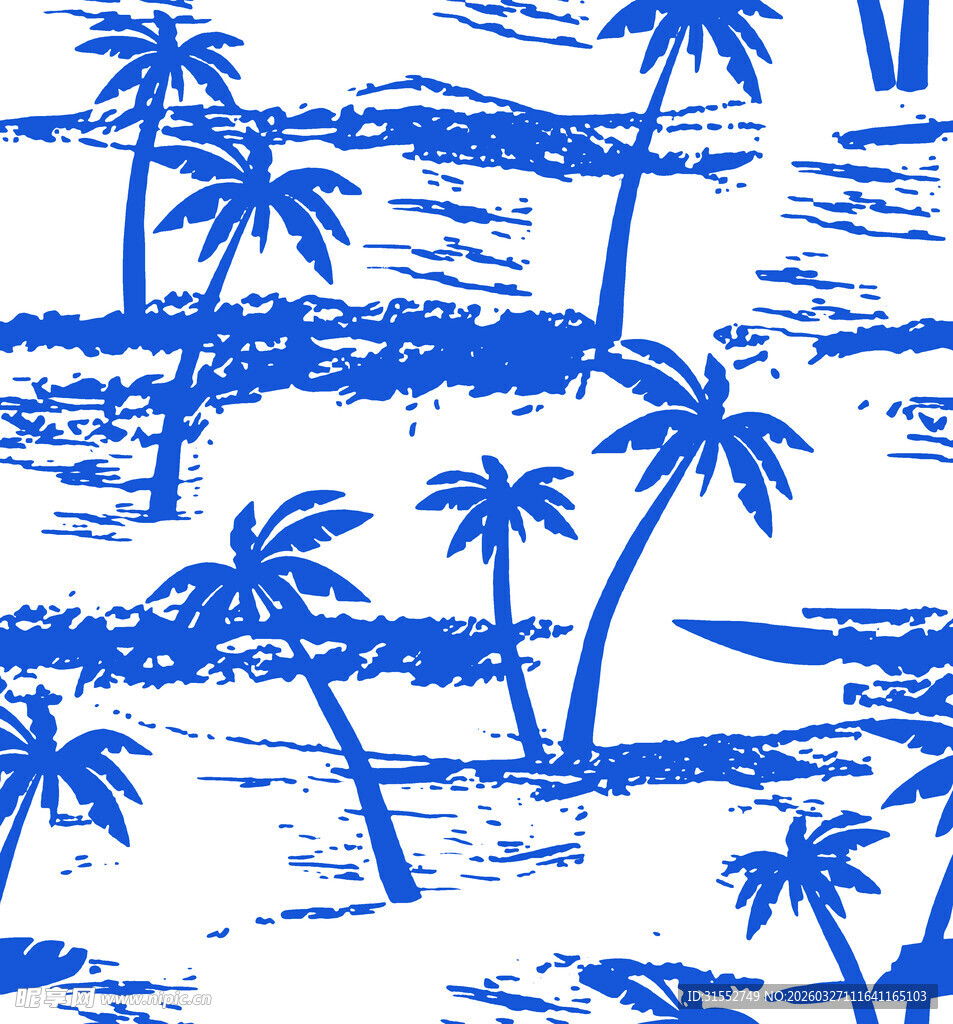 蓝白手绘风热带棕榈树图案