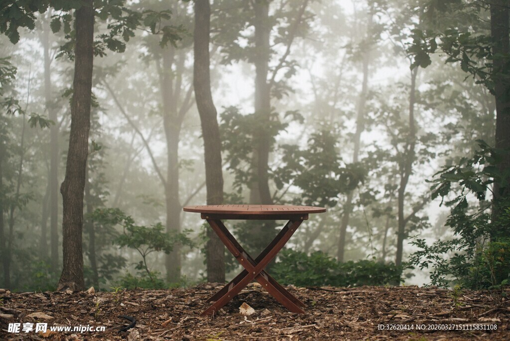 雾中森林里的古朴木桌