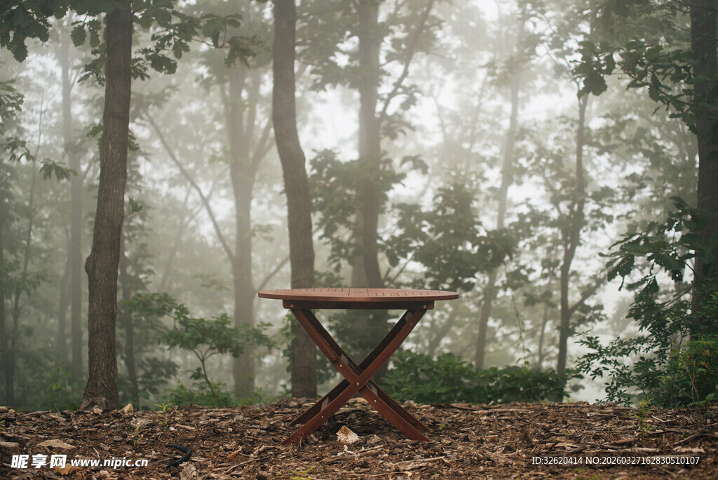雾中森林里的古朴小桌